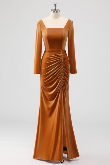 Cainha Castanho Pescoço Quadrado Veludo Mangas Longas Vestido de Dama de Honra Longo